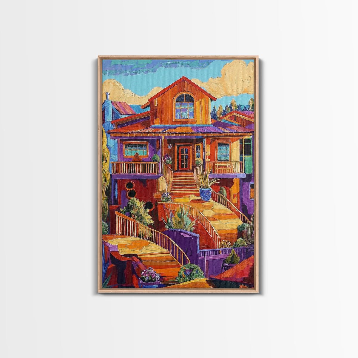 Colorful Porch, Bright Architecture, Southwestern House Wall Art, Canvas Print, Vibrant Fall Decor, Boho Entryway Artwork, Rustic Home Style