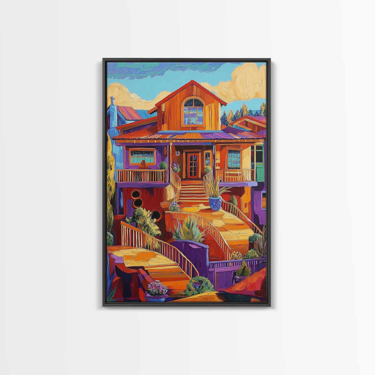 Colorful Porch, Bright Architecture, Southwestern House Wall Art, Canvas Print, Vibrant Fall Decor, Boho Entryway Artwork, Rustic Home Style