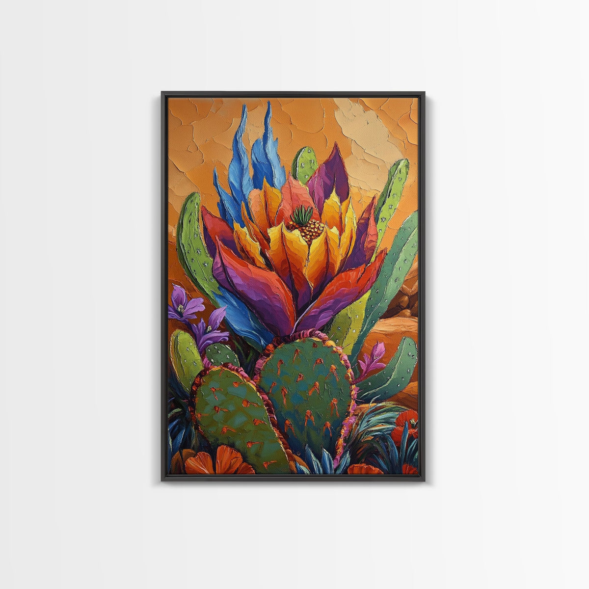 Cactus Blooming, Desert, Vivid, Framed Canvas Print bold southwest art, colorful desert cactus, southwestern home decor, kitchen wall art