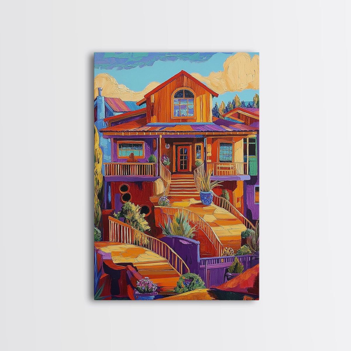 Colorful Porch, Bright Architecture, Southwestern House Wall Art, Canvas Print, Vibrant Fall Decor, Boho Entryway Artwork, Rustic Home Style