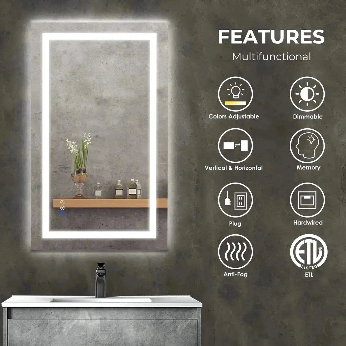 20 x 28  Inch Center Glow LED Bathroom Mirror