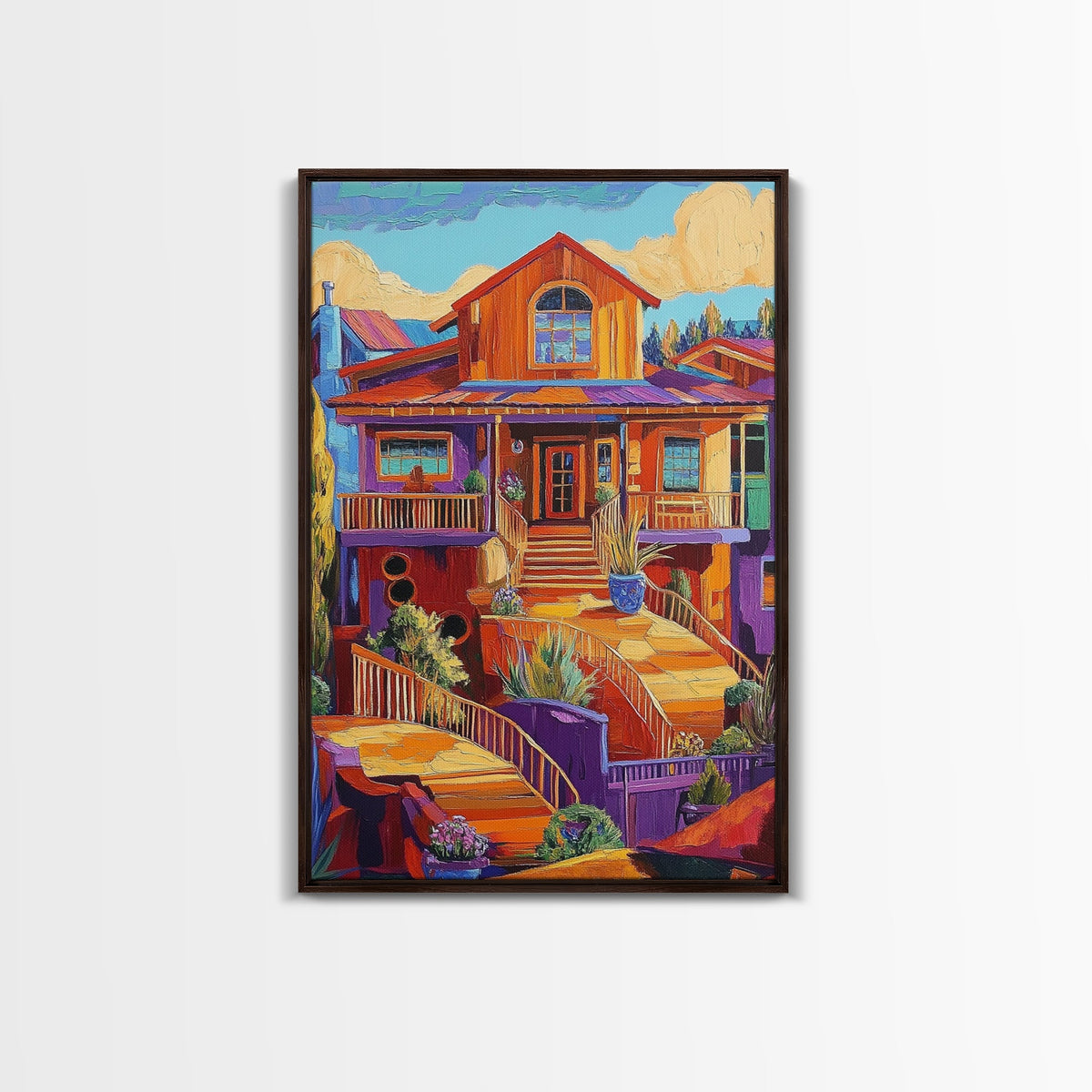 Colorful Porch, Bright Architecture, Southwestern House Wall Art, Canvas Print, Vibrant Fall Decor, Boho Entryway Artwork, Rustic Home Style