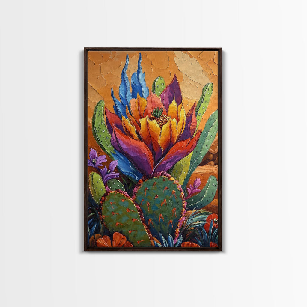 Cactus Blooming, Desert, Vivid, Framed Canvas Print bold southwest art, colorful desert cactus, southwestern home decor, kitchen wall art