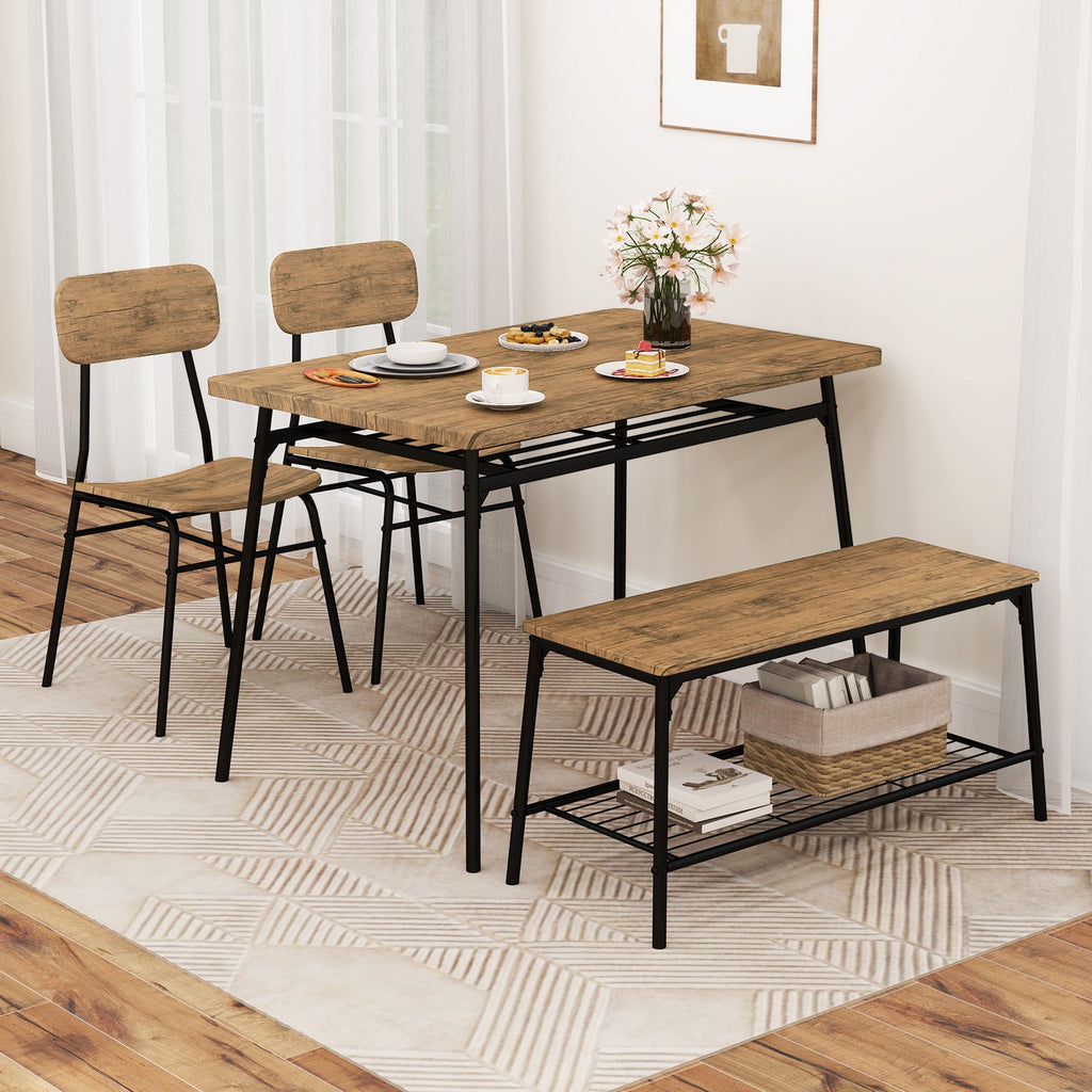 4 Piece Dining Table Set for 4 Metal Frame with Bench and 2 Chairs-Brown