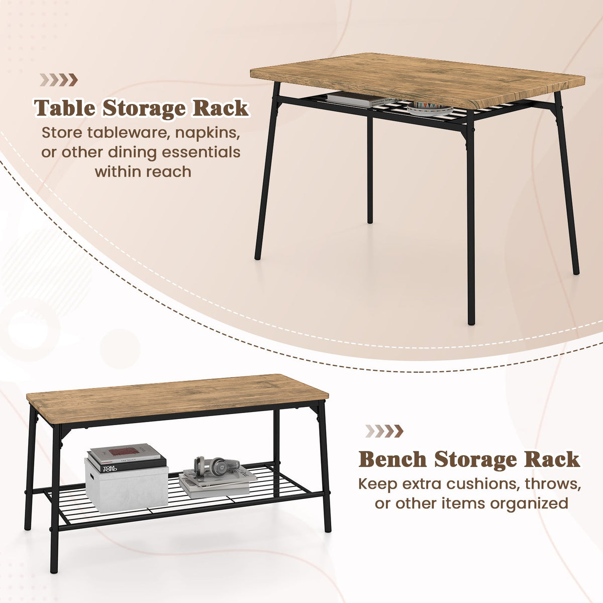 4 Piece Dining Table Set for 4 Metal Frame with Bench and 2 Chairs-Brown