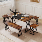 5-Piece Dining Room Set Industrial Rectangular Kitchen Table with 2 Benches and 2 Stools-Rustic Brown