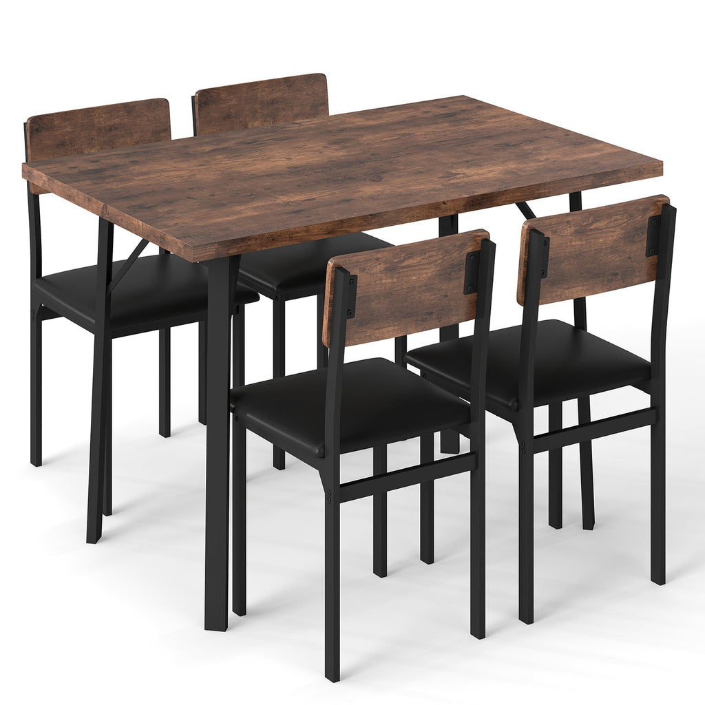 5-Piece Dining Table Set for 4 People Industrial Kitchen Table and 4 PU Leather Chairs-Brown