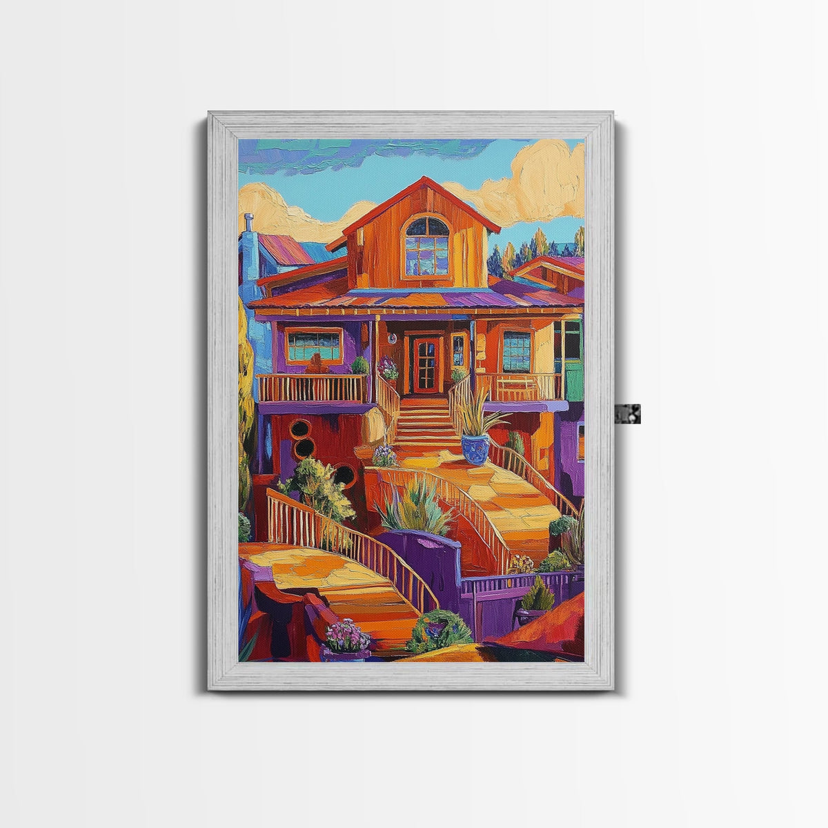 Colorful Porch, Bright Architecture, Southwestern House Wall Art, Canvas Print, Vibrant Fall Decor, Boho Entryway Artwork, Rustic Home Style