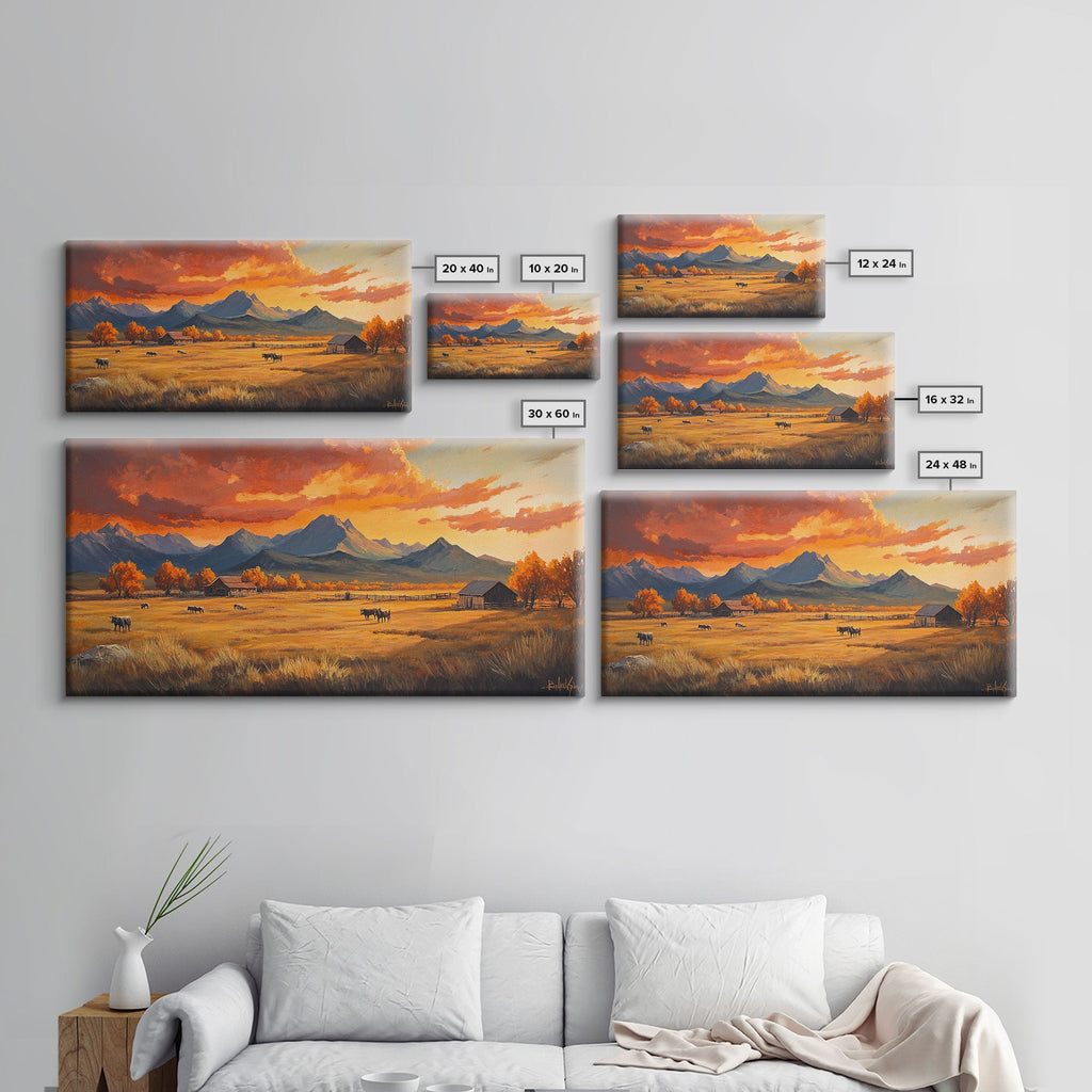 Fall Sunset Framed Canvas Print Scenic Ranch Landscape Art Autumn Wall Decor Ideal Holiday Home Decor and Gift for Farmhouse Style