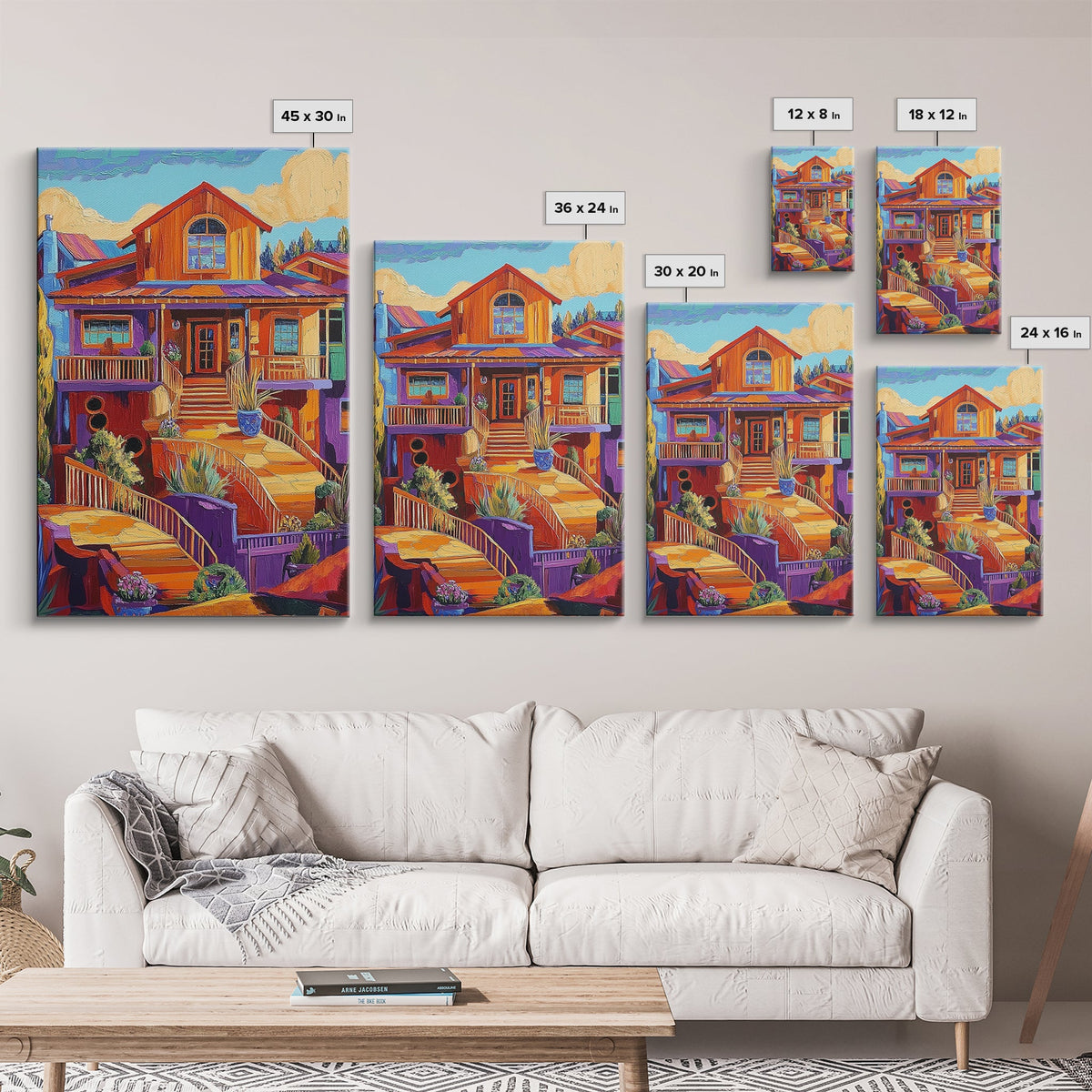 Colorful Porch, Bright Architecture, Southwestern House Wall Art, Canvas Print, Vibrant Fall Decor, Boho Entryway Artwork, Rustic Home Style