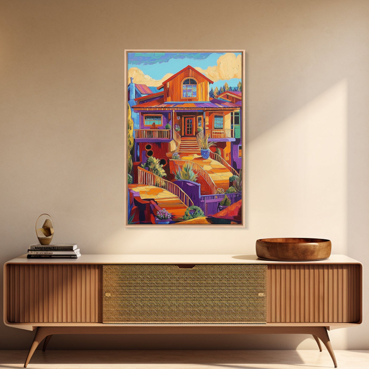 Colorful Porch, Bright Architecture, Southwestern House Wall Art, Canvas Print, Vibrant Fall Decor, Boho Entryway Artwork, Rustic Home Style