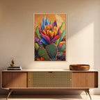 Cactus Blooming, Desert, Vivid, Framed Canvas Print bold southwest art, colorful desert cactus, southwestern home decor, kitchen wall art