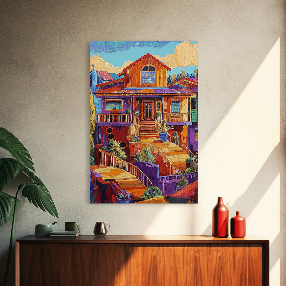 Colorful Porch, Bright Architecture, Southwestern House Wall Art, Canvas Print, Vibrant Fall Decor, Boho Entryway Artwork, Rustic Home Style