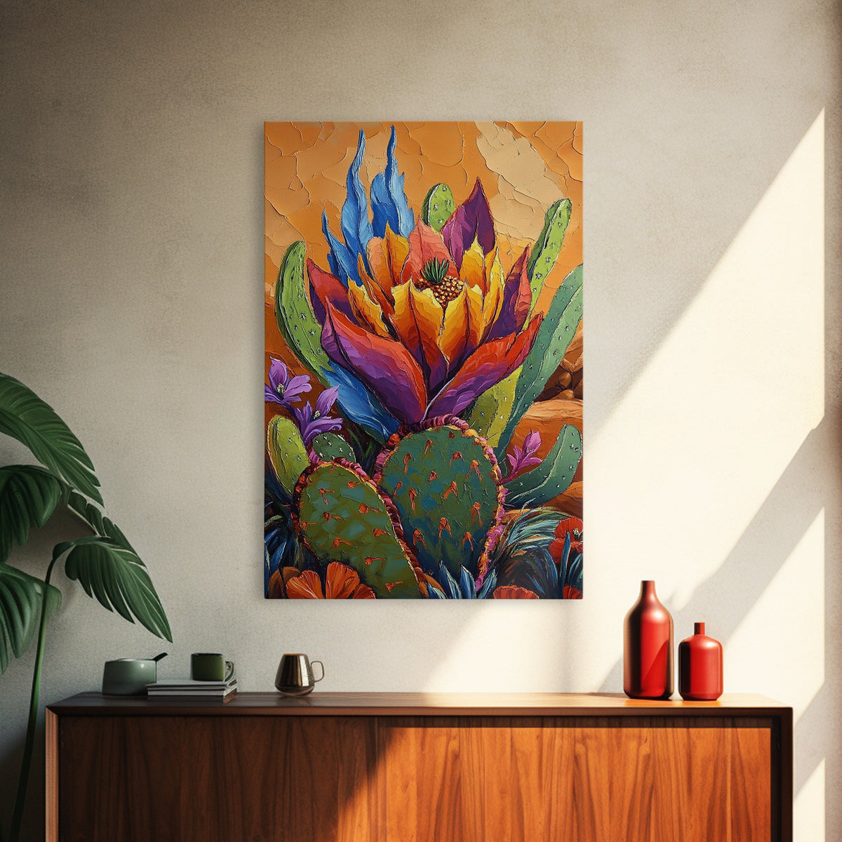 Cactus Blooming, Desert, Vivid, Framed Canvas Print bold southwest art, colorful desert cactus, southwestern home decor, kitchen wall art