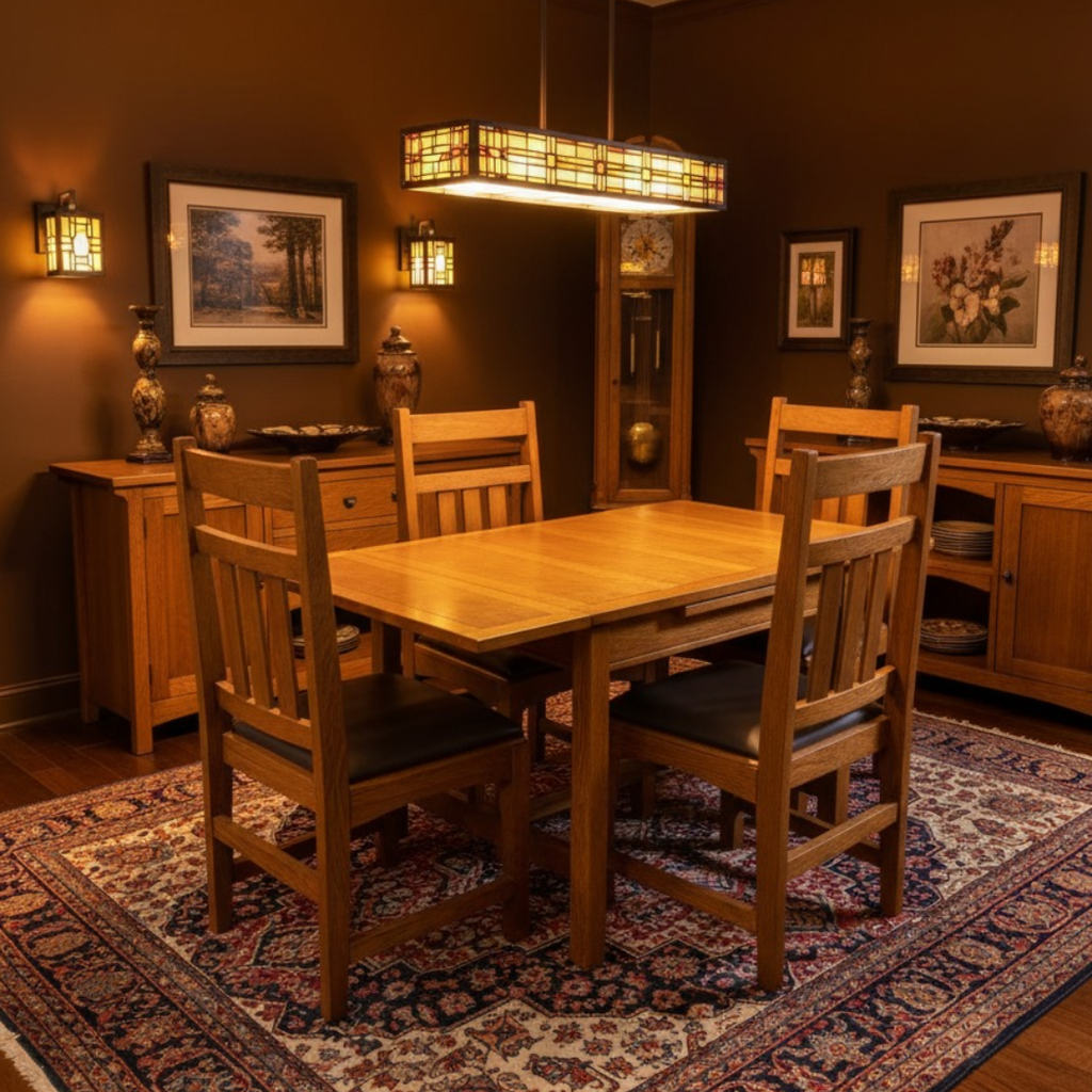 Mission Oak Kitchen Table with 2 Leaves and 4 Oak Dining Chairs