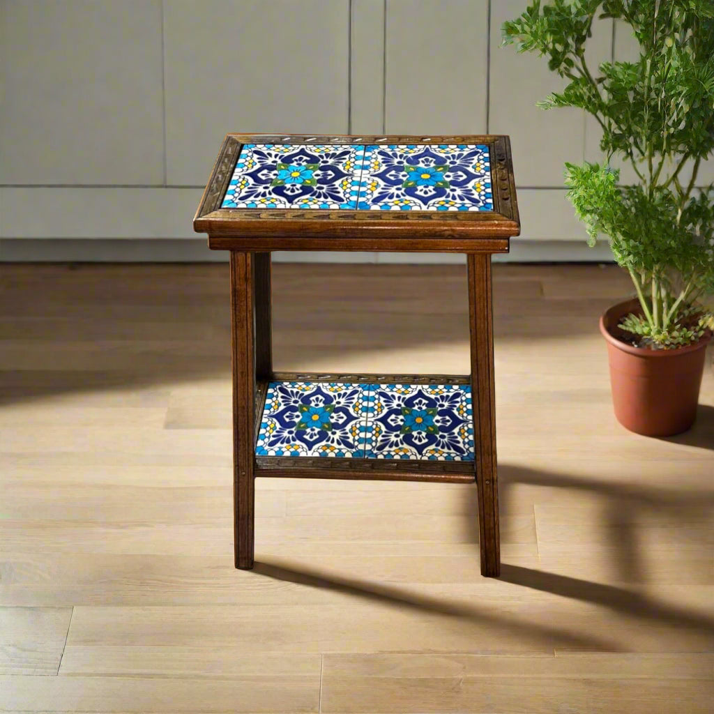 Talavera Tile End Table | Handmade Mexican Wood Accent Furniture